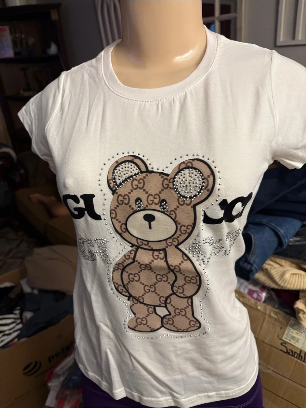 Kids White Teddy Logo Tee with Crystal Accents